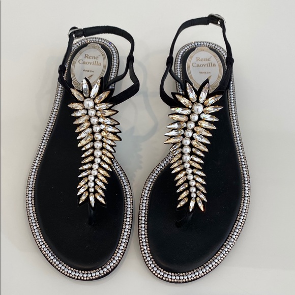 RENE CAOVILLA BLACK LEATHER SUEDE CRYSTAL PEARL SANDALS SIZE IT 38 / IT 8 - Picture 3 of 16